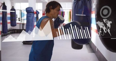 Boxer hitting punching bag with AR analytics overlay tracking performance metrics live