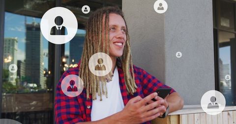 Smiling Woman Networking on Smartphone with Digital Connections Overlay