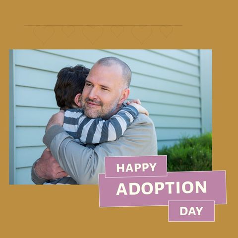 Father and son embrace celebrating adoption day
