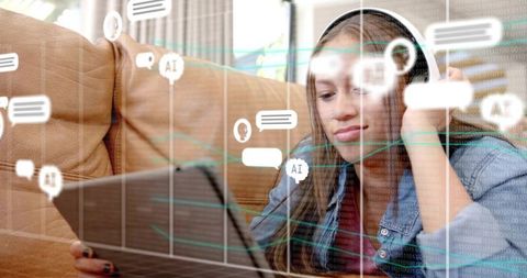 Teen studying on couch using tablet with ai chat overlays and headset