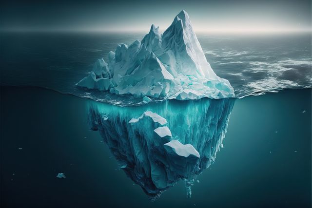 Composition of iceberg seen underwater in sea over blue sky, created using generative ai technology. Nature and icebergs concept digitally generated image.