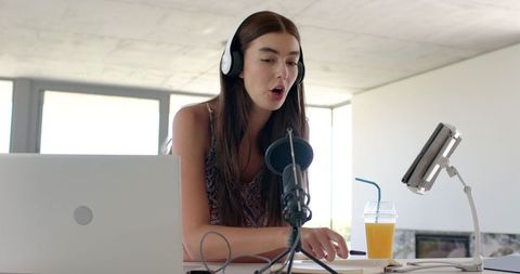 Teenage Girl Producing Podcast with Microphone and Headphones - Download Free Stock Images Pikwizard.com