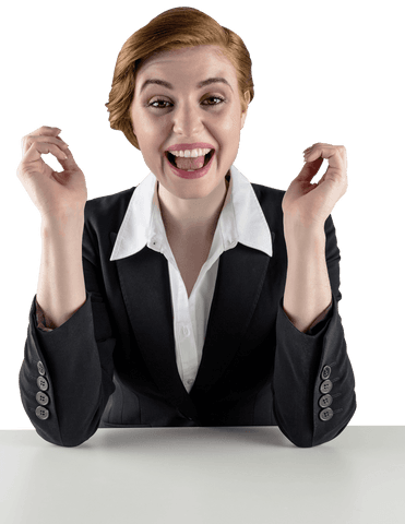 Excited Redhead Businesswoman in Black Suit Transparent Background