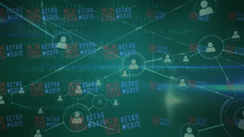 Digital Network with Retro Music Icons on Green Background
