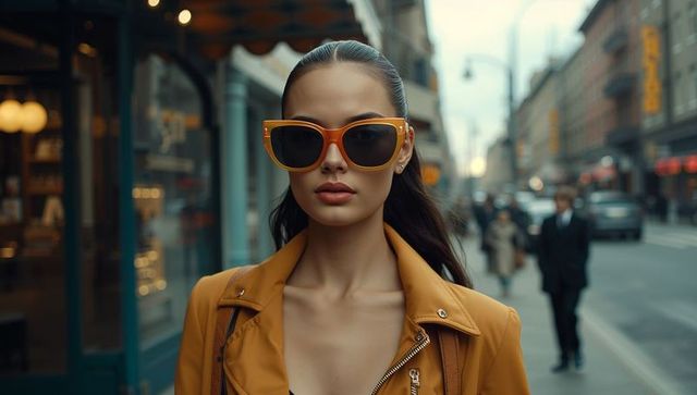 Chic asian woman in mustard jacket and sunglasses on vibrant city street