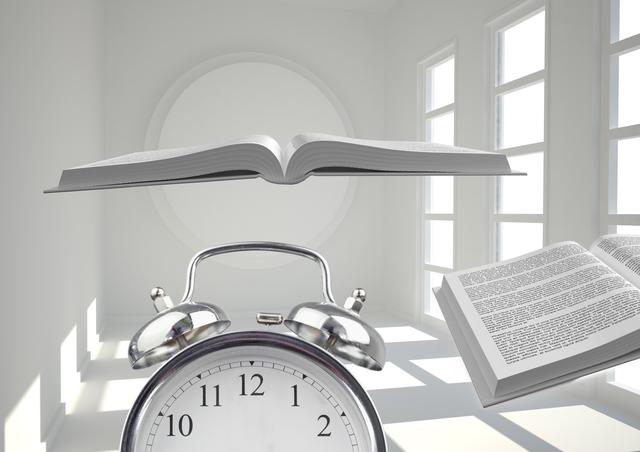 Visual depicts a surreal scene with books floating in the air and an alarm clock in a bright, empty room. Ideal for concepts around time management, the power of imagination, intensive studying, futuristic learning environments, and the blending of art and reality. Perfect for use in multimedia projects, educational materials, blog posts about creativity and time, and advertisements related to reading or scholarly activities.