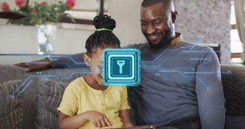 Smiling father and daughter sharing tablet under holographic digital key overlay