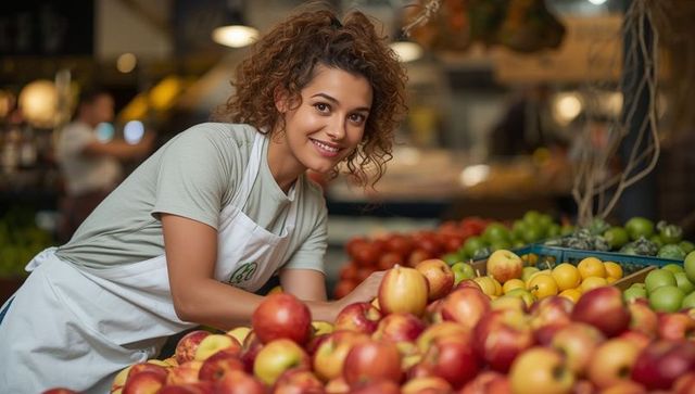 Cheerful Market Vendor Arranging Fresh Apples at Busy Local Stall
