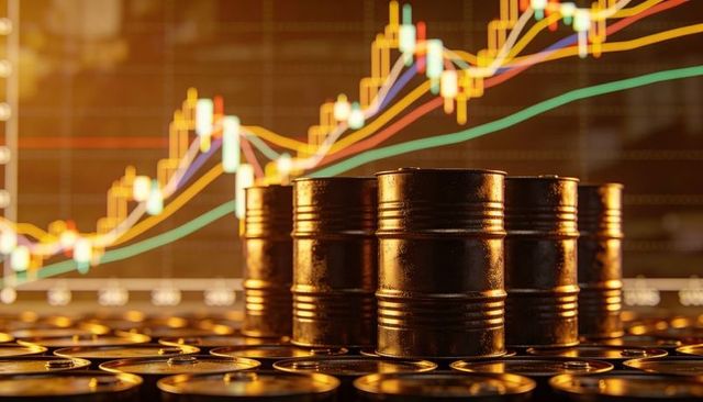 Black oil barrels reflecting warm light with rising candlestick market chart