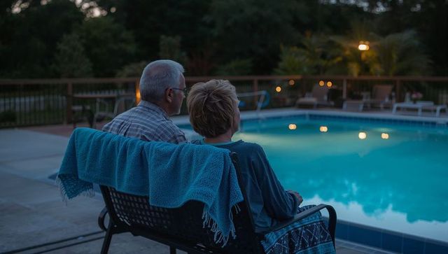Senior couple relaxing on bench by lit backyard pool at twilight