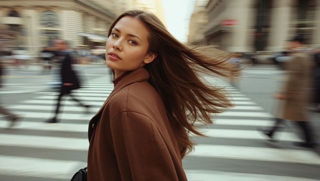 Stylish woman turning head at busy city crosswalk with flowing hair and brown overcoat