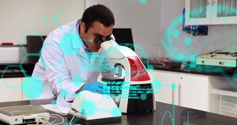 Scientist Analyzing Virtual Data through Microscope in Laboratory - Download Free Stock Images Pikwizard.com