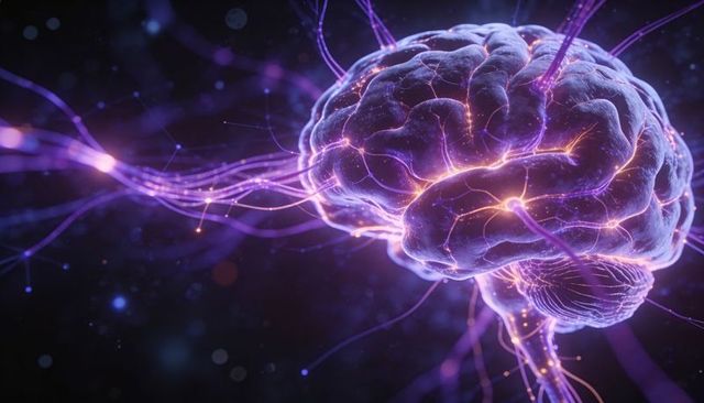 Pulsing neon brain network with glowing synapses, flowing axons and digital cognition