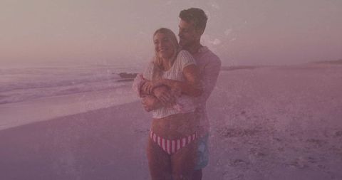 Embracing Couple at Sunset Beach, Romantic Vacation Mood