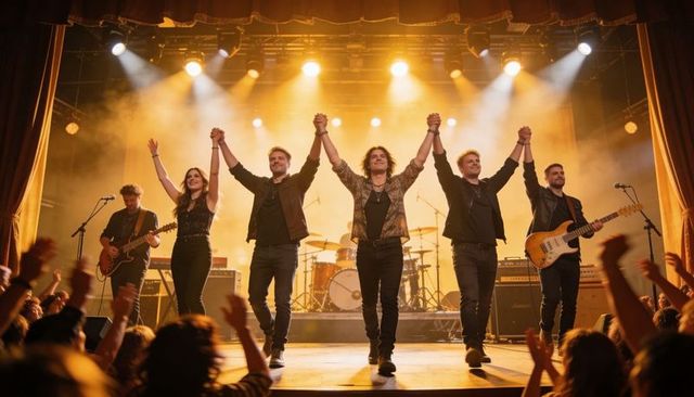 Six-piece rock band taking bow with raised hands and cheering crowd under spotlights