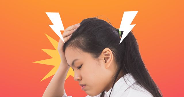 Digital composite image of asian young woman with headache holding head on orange background. Copy space, raise awareness, support, migraine awareness week, headache, stress.