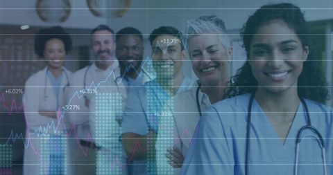 Medical Team in Hospital Corridor with Digital Chart Overlay