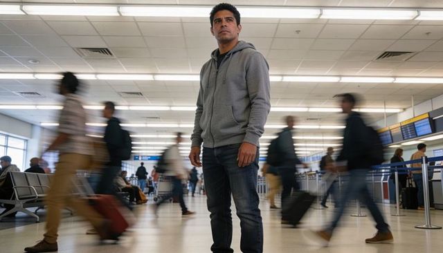 Solo traveler standing in busy airport terminal watching departure screens as crowds move