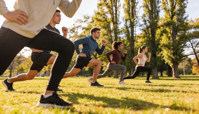 Outdoor group workout performing forward lunges in sunny park with mixed adults