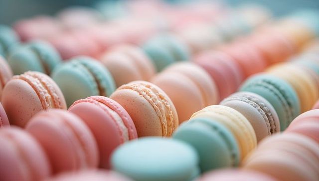 Pastel color macarons arranged elegantly on display stand