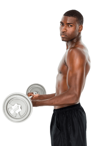 Serious young man lifting barbell transparent background
