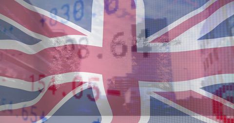 United Kingdom Flag Overlay on Stock Market and Cityscape