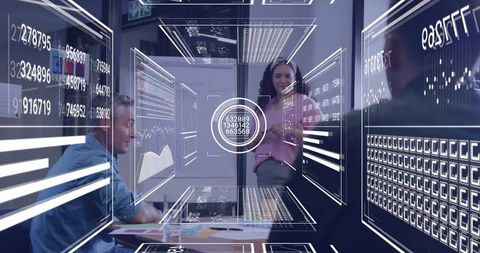 Corporate Team Using Augmented Reality Data Visualizations in Futuristic Boardroom