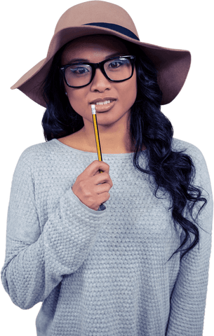 Transparent Woman in Hat Holding Pencil with Thoughtful Expression