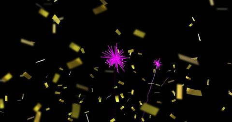 Purple fireworks bursting with gold confetti drifting across black night sky