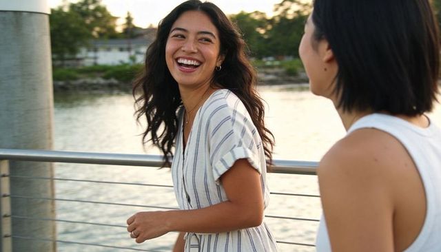 Laughing friends on waterfront pier during golden hour, woman in striped dress smiling