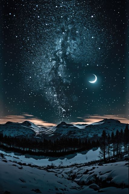 Starry skies and moon over mountains landscape at night, created using generative ai technology. Astrology, space and galaxy concept digitally generated image.
