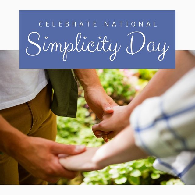 Composite image of young caucasian couple holding hands with celebrate national simplicity day text. celebration, peace and simplicity of life concept, shun gadgets, natural surroundings.