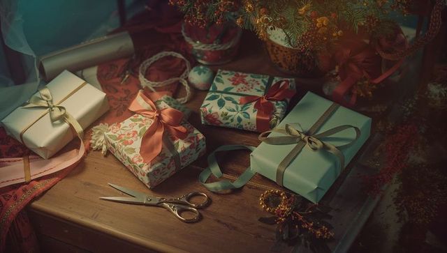 Rustic Holiday Gift Wrapping with Festive Decor and Scissors
