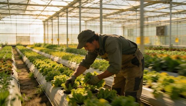 Greenhouse worker harvesting lettuce bathed in warm light wearing gloves and overalls