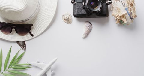 summer travel essentials with camera on white background - Download Free Stock Images Pikwizard.com