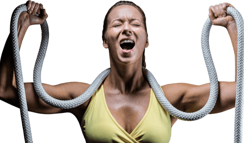 Empowered Woman in Yellow Top Holding Rope on Transparent Background