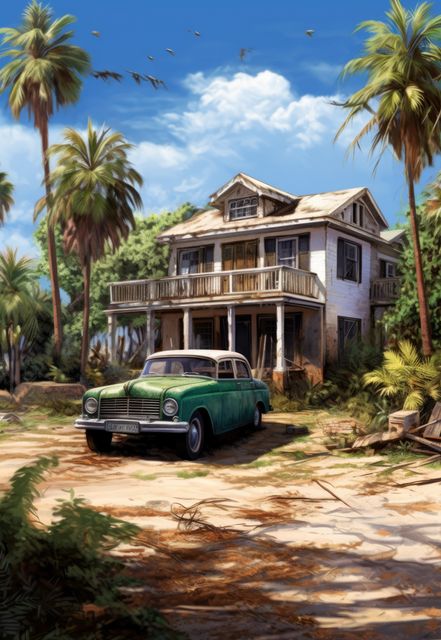 Wooden bungalow and old green car in sunny nature, created using generative ai technology. Home, architecture and property concept digitally generated image.