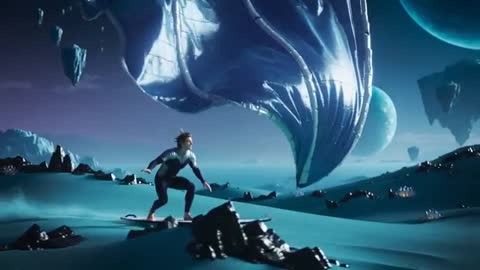 Surfing Alien Dunes with Giant Floating Whale Kite under Twin Planets