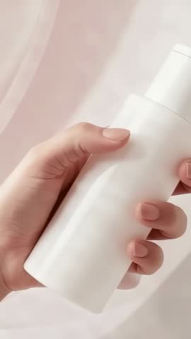 Female Hand Holding and Rotating White Pump Bottle on Soft Pink Backdrop Vertical Product Video