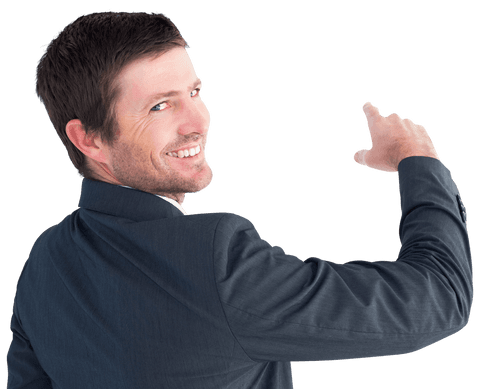 smiling businessman in suit pointing backwards on transparent background - Download Free Stock Videos Pikwizard.com