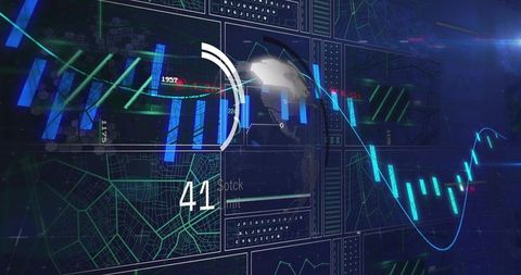 Displaying futuristic financial dashboard with globe, vertical bars and neon waveform