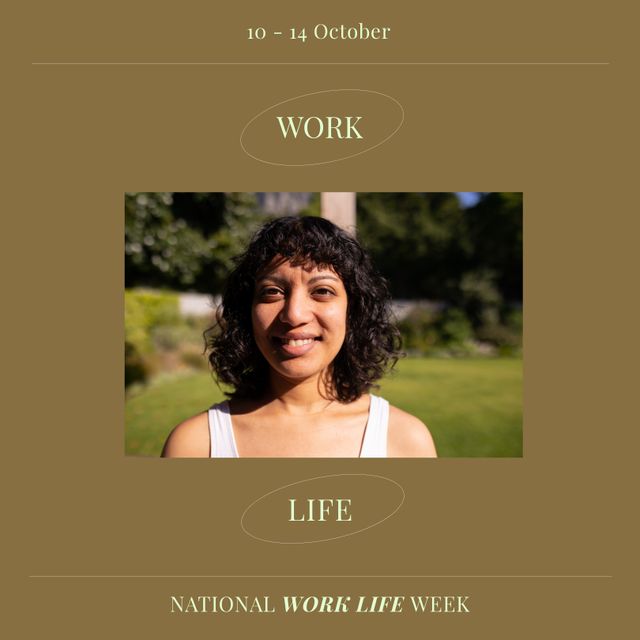 Composition of national work life week text with biracial woman on brown background. National work life week and celebration concept digitally generated image.