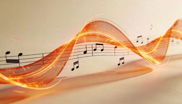 Glowing amber music wave weaving along musical staff with sparkling notes