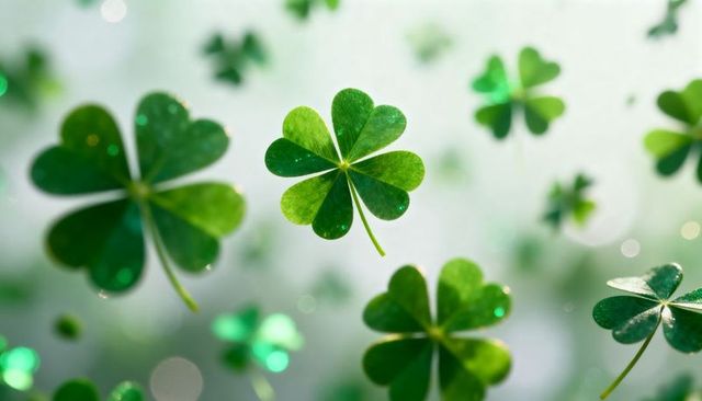 Floating four-leaf clover close-up with dew droplets and bokeh green luck background