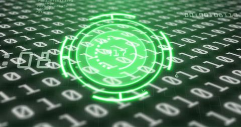 Neon green hud reticle scanning over binary grid with holographic cyber interface