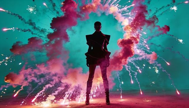 Silhouette model standing in pyrotechnic smoke halo, sculptural gown and knee-high boots