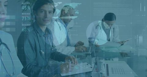 Medical team collaborating with digital data visualization during clinical meeting