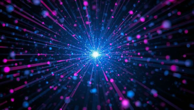 Radiating neon light core sending cyan and magenta particle rays with bokeh depth