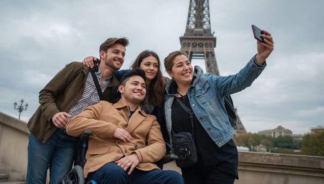 Friends taking selfie by eiffel tower sharing joyful travel moments