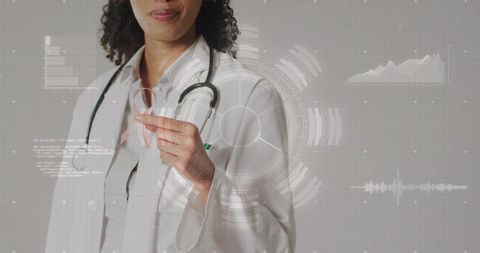 Physician presenting pink ribbon with digital HUD overlays for breast cancer awareness